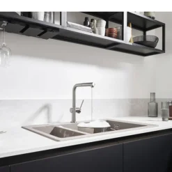 Hansgrohe Talis M54 270 Single Lever Kitchen Mixer With Pull Out Spray - Stainless Steel -Shower Room Shop 72808800 d2