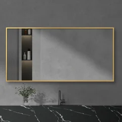 Arezzo Brushed Brass Square Edge Framed Bathroom Mirror - 1400 X 500mm -Shower Room Shop az147bb d2