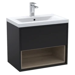 Arezzo Senza 600mm Matt Black / Vicenza Oak Wall Hung Vanity Unit With Open Shelf + Ceramic Basin 9 Arezzo Senza 600mm Matt Black / Vicenza Oak Wall Hung Vanity Unit With Open Shelf + Ceramic Basin -Shower Room Shop azblavo6d2