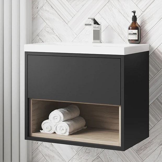 Arezzo Senza 600mm Matt Black / Vicenza Oak Wall Hung Vanity Unit With Open Shelf + Ceramic Basin 4 Arezzo Senza 600mm Matt Black / Vicenza Oak Wall Hung Vanity Unit With Open Shelf + Ceramic Basin - Image 2