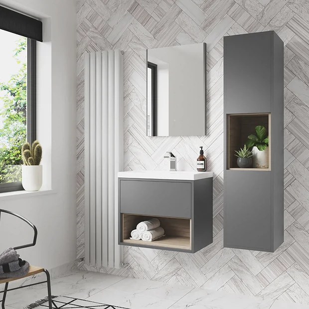Arezzo Senza 1400mm Matt Grey / Vicenza Oak Wall Hung Tall Unit 3 Arezzo Senza 1400mm Matt Grey / Vicenza Oak Wall Hung Tall Unit