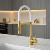 The Tap Factory Vibrance Tube Brushed Brass Kitchen Tap With Spray Function -Shower Room Shop tfvtsbbwhite l